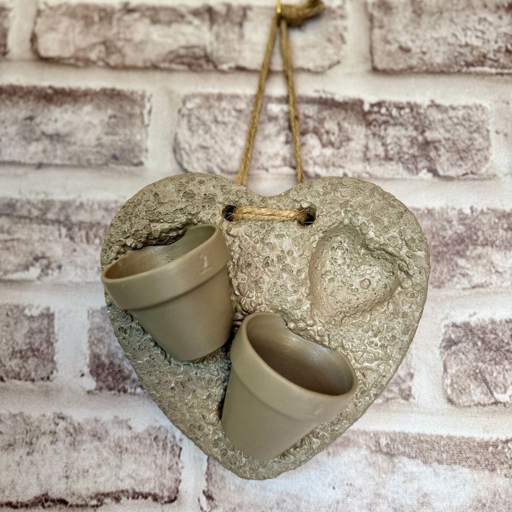 Suspension Cœur en Hypertufa – Duo de Mini Pots