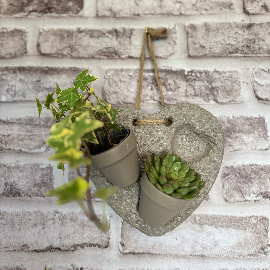 Suspension Cœur en Hypertufa – Duo de Mini Pots