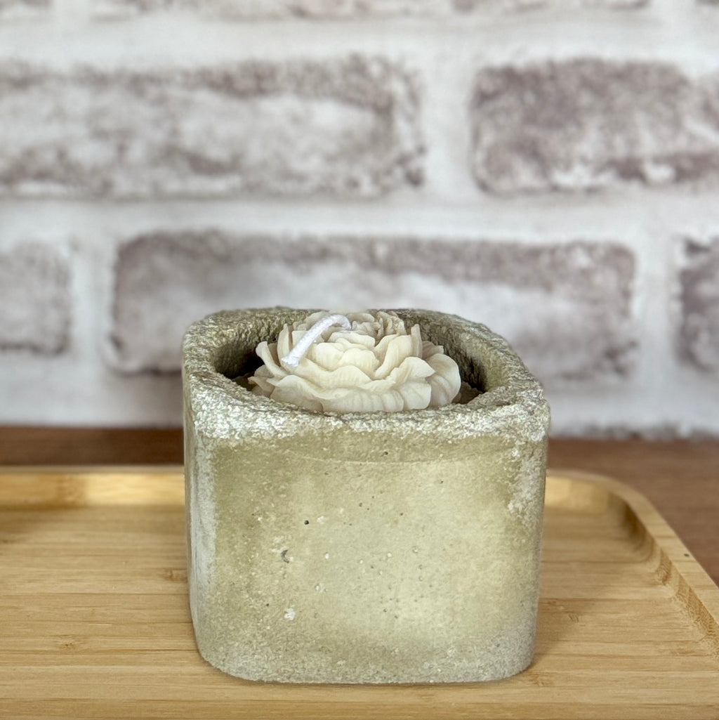 Bougie Pivoine "Monoï" – Écrin Carré en Hypertufa Artisanal