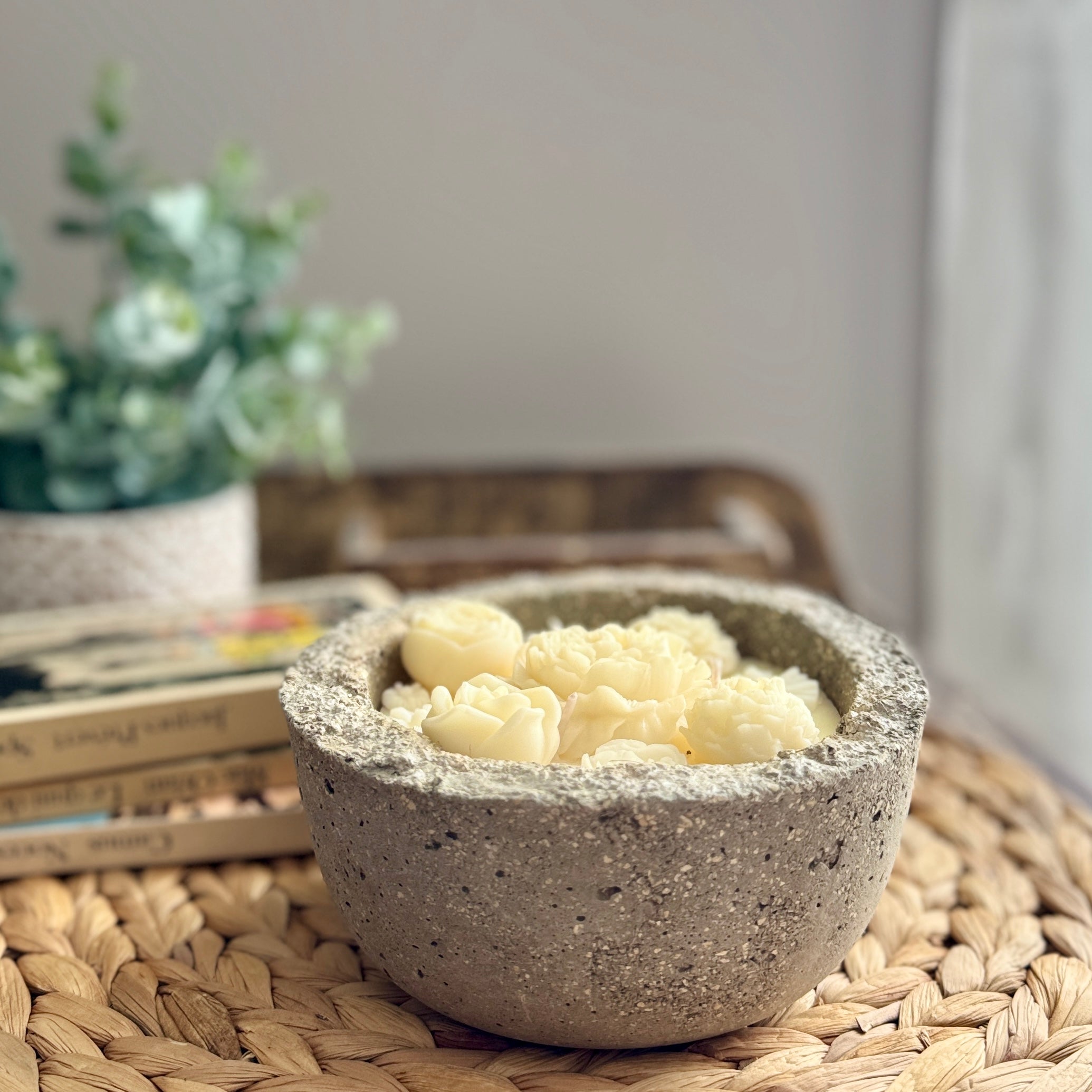 Bougie Artisanale Musc Blanc – Bol en Hypertufa & Cire d'Olive