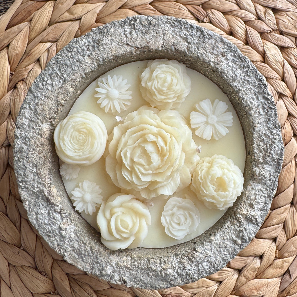 Bougie Artisanale Musc Blanc – Bol en Hypertufa & Cire d'Olive