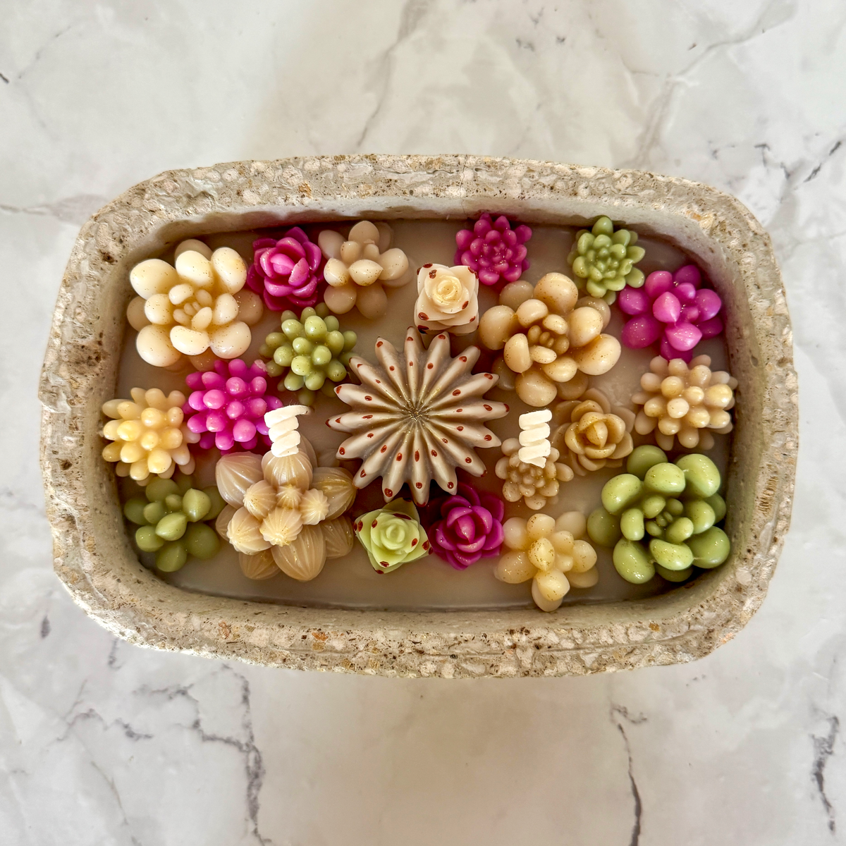 Bougie Artisanale en Hypertufa "jardin de succulentes" - Parfum Monoï